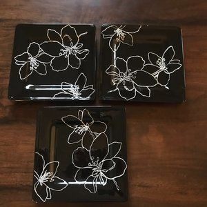 Laurie Gates Square Appetizer Plates Set/3 Black White Floral Stencil Anna